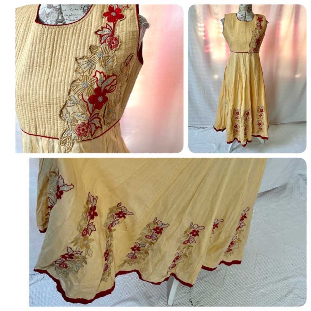 Yellow Cotton Midi Dress Quilted Applique Top Red Floral By DM Dresses Sz 38